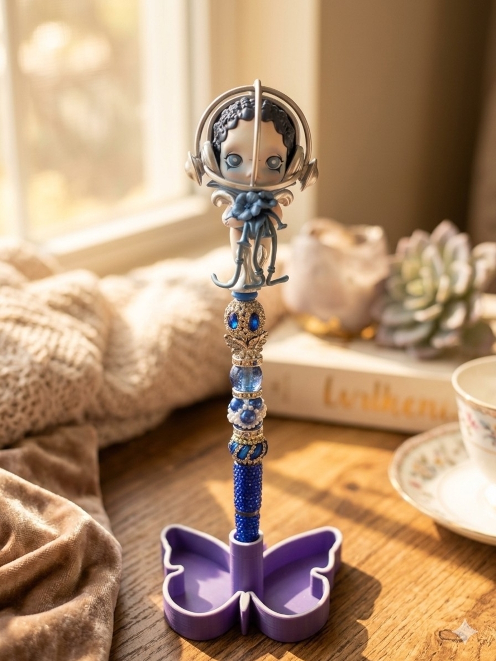 decorative pen featuring a Pop Mart Skullpanda The Sound Series "The Awe" figure